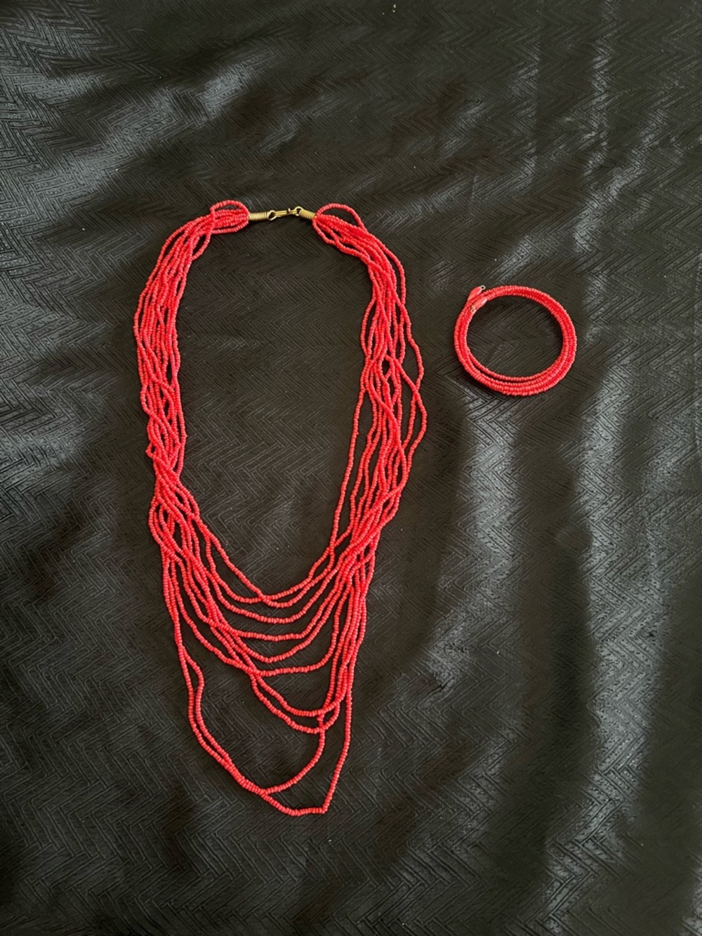 Hand Crafted Multi-Strand Red Beaded Necklace with Matching Bracelet
